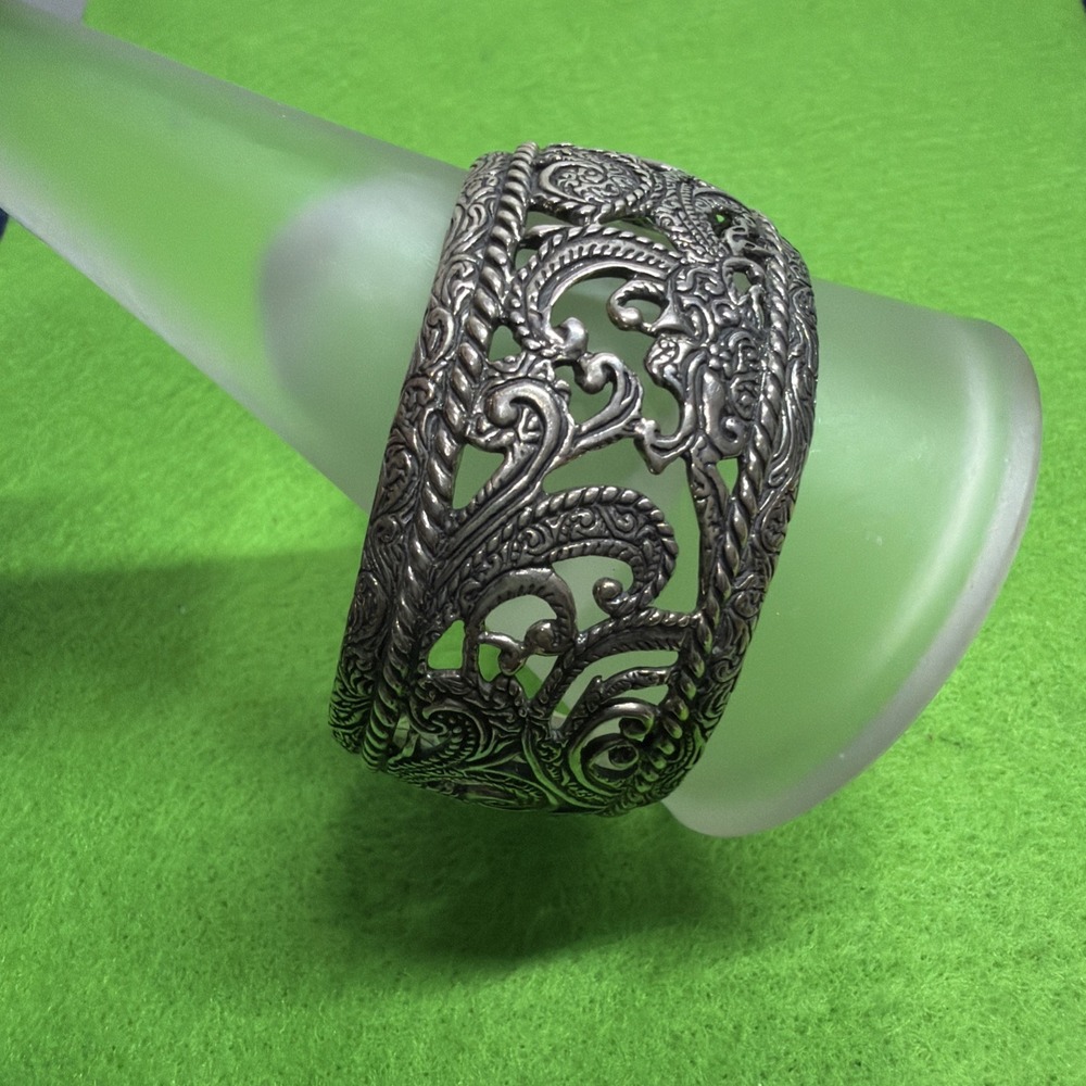 Carolyn Pollack 925 Sterling Silver Etched Open Work Scroll Wide Cuff Bracelet